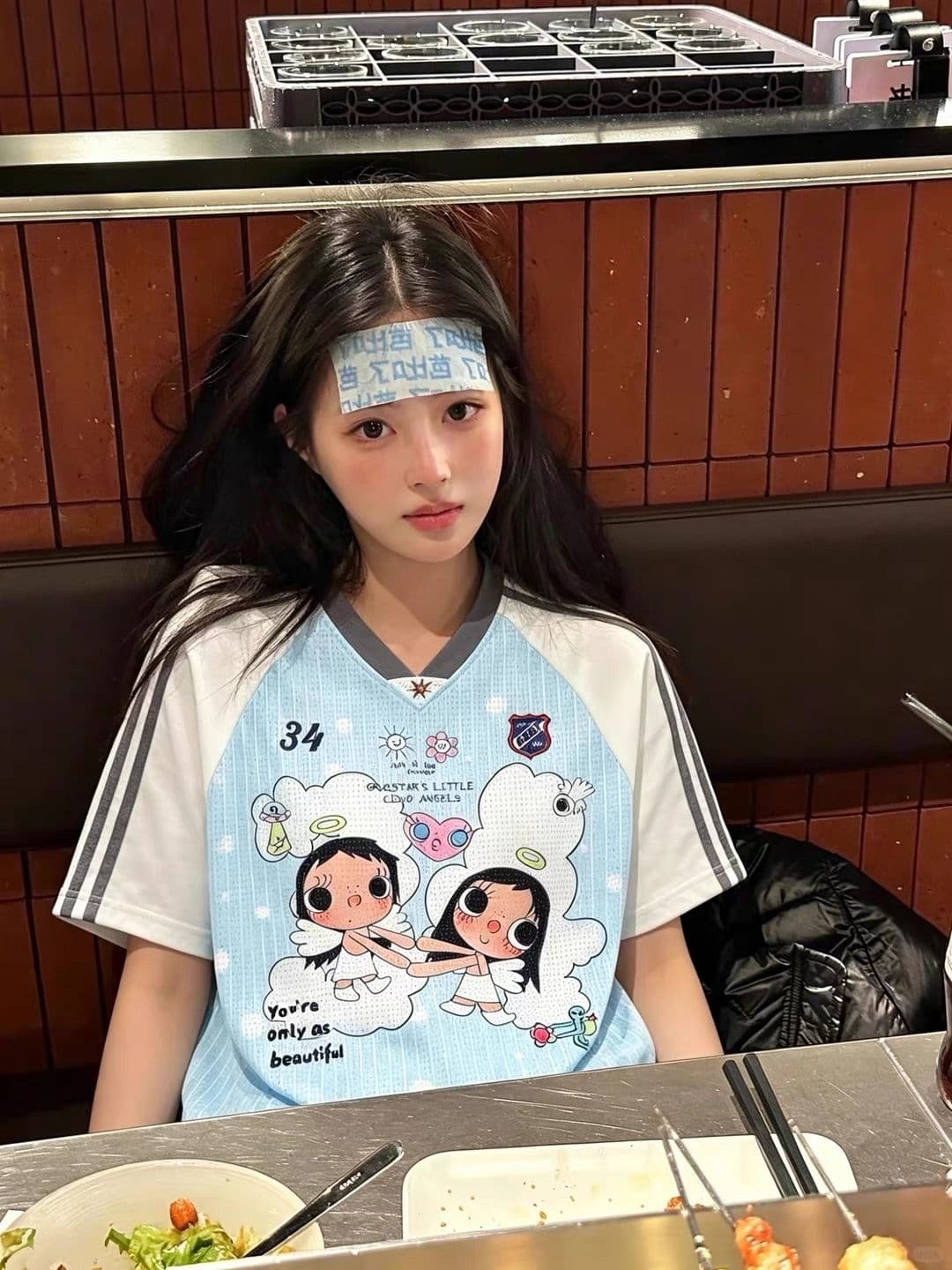 색상 차이 없음 원본 명중 에디션 루즈핏 에디션 원단 V넥 반팔 티셔츠 여성 상세 이미지 4
