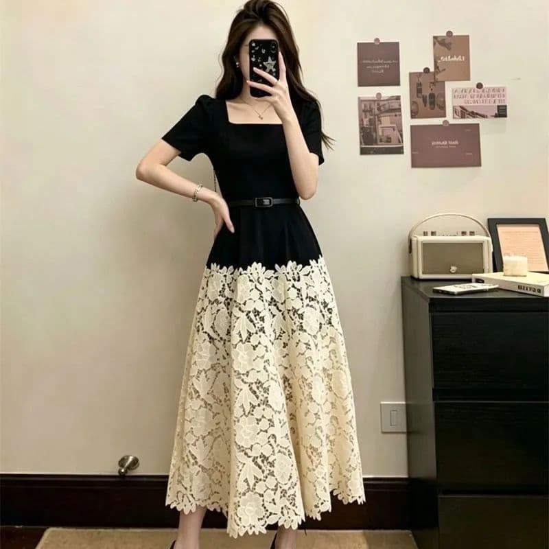 빅 사이즈 여성 의류 여름 새로운 지방 mm 프랑스식 프랑스식 광장 칼라 배색 레이스 패치워크 허리 수축 슬림해 보이는 드레스 상세 이미지 3