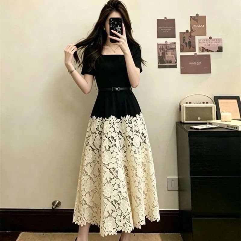 빅 사이즈 여성 의류 여름 새로운 지방 mm 프랑스식 프랑스식 광장 칼라 배색 레이스 패치워크 허리 수축 슬림해 보이는 드레스 상세 이미지 5