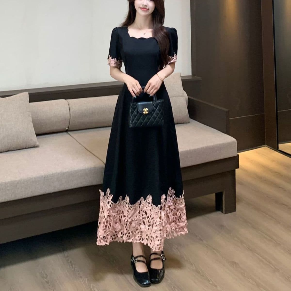 빅 사이즈 명문 여성 바람 레이스 조각 품격 여성 드레스 통통한 여동생 여름 프랑스식 광장 칼라 허리 수축 슬림해 보이는 롱 스커트 상세 이미지 15