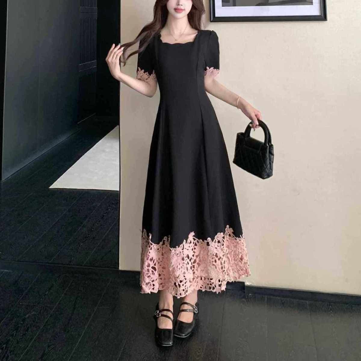 빅 사이즈 명문 여성 바람 레이스 조각 품격 여성 드레스 통통한 여동생 여름 프랑스식 광장 칼라 허리 수축 슬림해 보이는 롱 스커트 상세 이미지 17