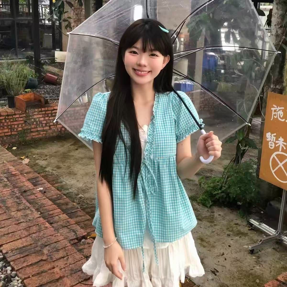 박하 녹색 체크무늬 페이크 레이어드 인형 셔츠 여성 Xiamu 귀 레이스업 거품 소매 연령 감소 반팔 셔츠 상세 이미지 1