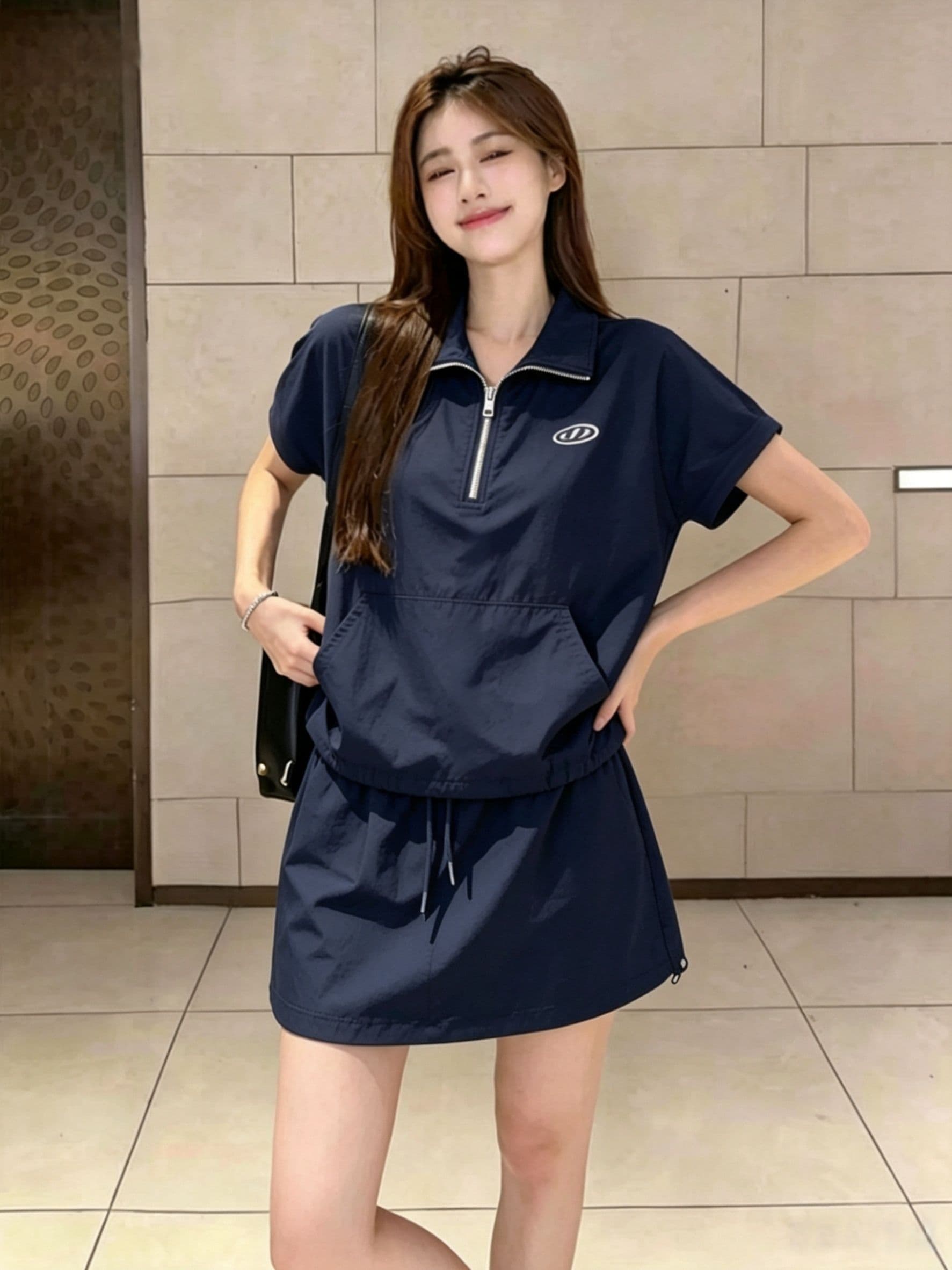 소금 부서 캐주얼 스포츠 슈트 여성 여름 학생 한국 스타일 루즈핏 슬림해 보이는 폴로 칼라 반팔 미니 스커트 투피스 세트 패션 상세 이미지 4