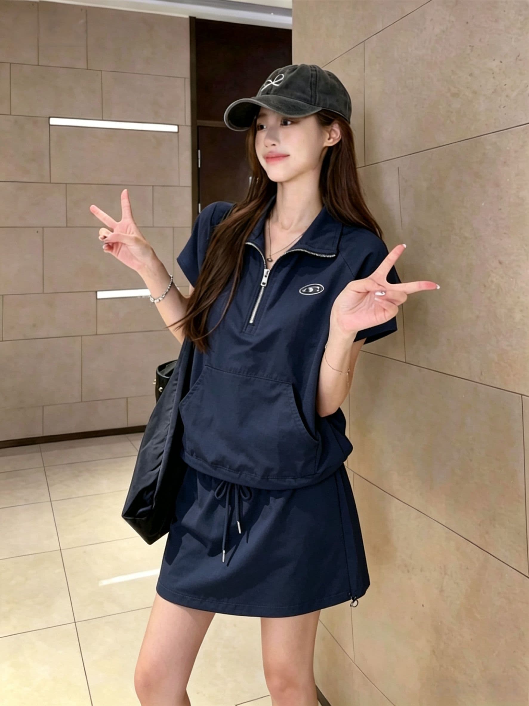 소금 부서 캐주얼 스포츠 슈트 여성 여름 학생 한국 스타일 루즈핏 슬림해 보이는 폴로 칼라 반팔 미니 스커트 투피스 세트 패션 상세 이미지 5