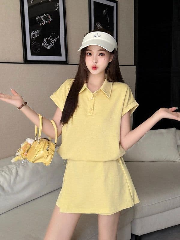 한 부서 작은 키 캐주얼 스포츠 슈트 여성 여름 패션 연령 감소 황색 POLO 셔츠 반팔 바지 투피스 세트