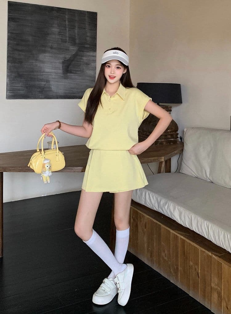 한 부서 작은 키 캐주얼 스포츠 슈트 여성 여름 패션 연령 감소 황색 POLO 셔츠 반팔 바지 투피스 세트 상세 이미지 1