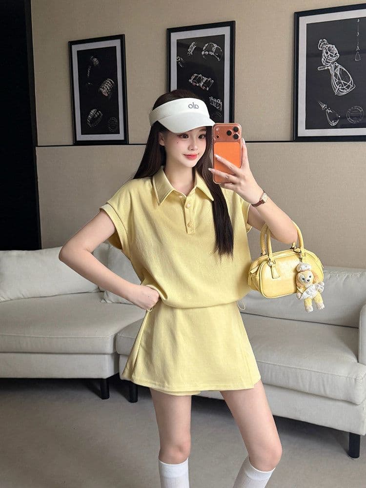 한 부서 작은 키 캐주얼 스포츠 슈트 여성 여름 패션 연령 감소 황색 POLO 셔츠 반팔 바지 투피스 세트 상세 이미지 3