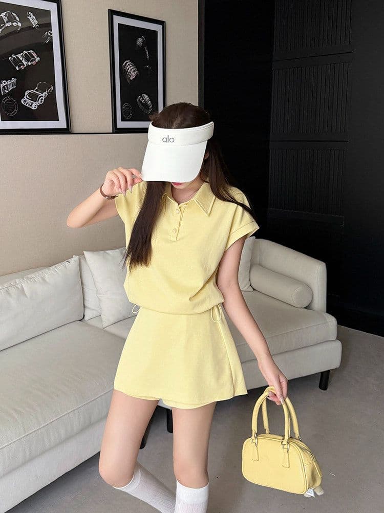 한 부서 작은 키 캐주얼 스포츠 슈트 여성 여름 패션 연령 감소 황색 POLO 셔츠 반팔 바지 투피스 세트 상세 이미지 4