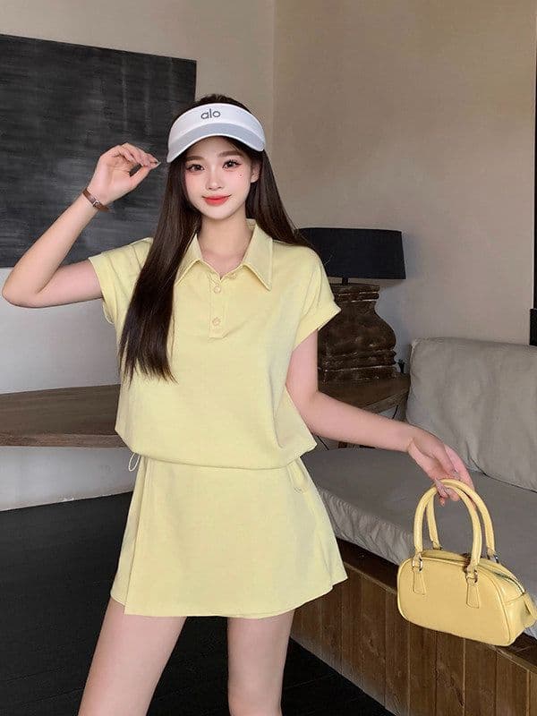 한 부서 작은 키 캐주얼 스포츠 슈트 여성 여름 패션 연령 감소 황색 POLO 셔츠 반팔 바지 투피스 세트 상세 이미지 9