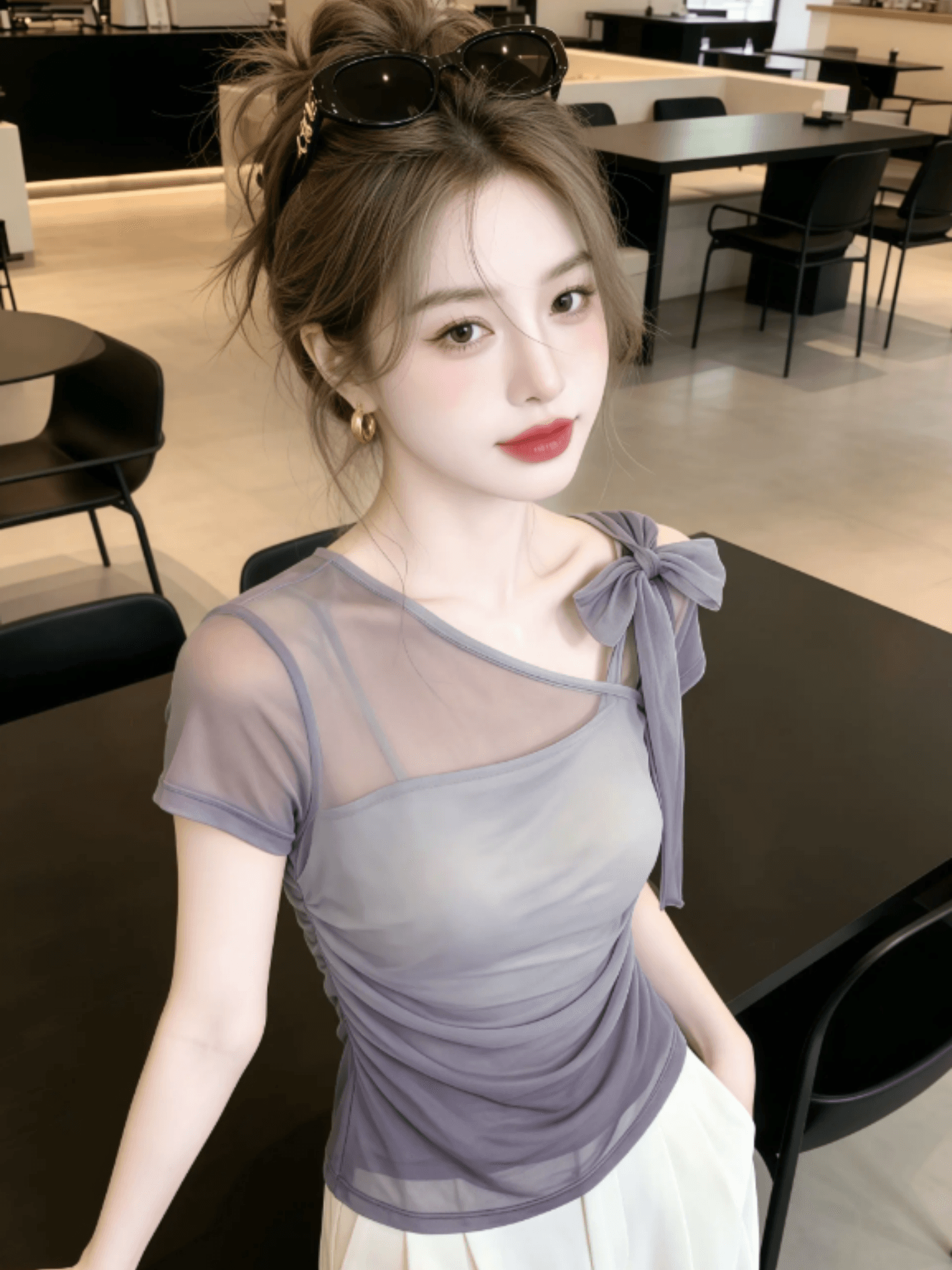 여름 새로운 보라색 자이언트 잘 생긴 반팔 티셔츠 여성 오프숄더 디자인 센스 허리 수축 품격 맨위 이미지 4