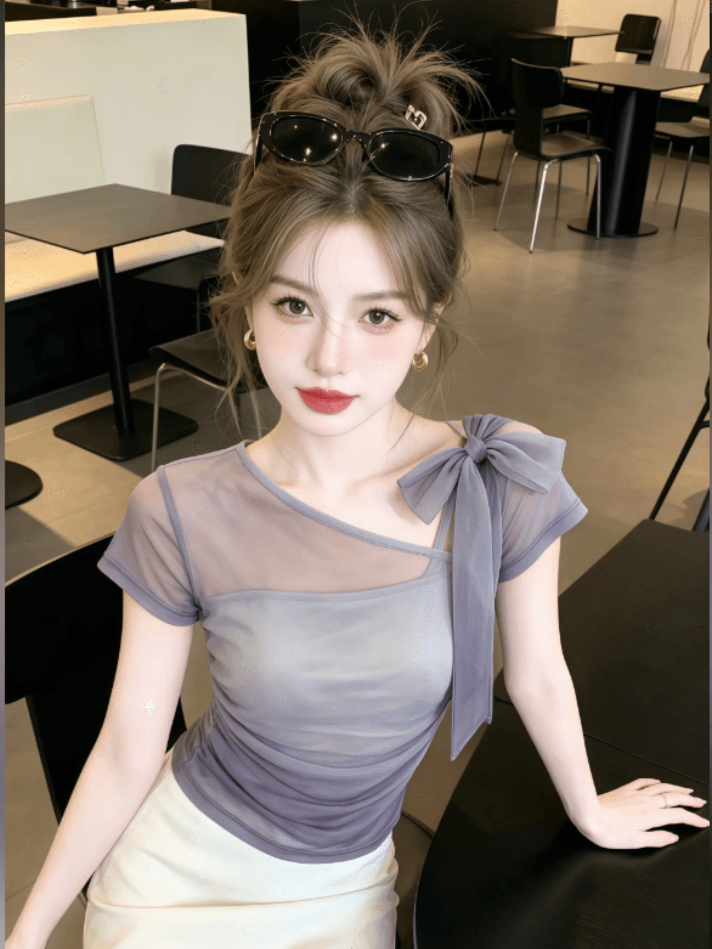 여름 새로운 보라색 자이언트 잘 생긴 반팔 티셔츠 여성 오프숄더 디자인 센스 허리 수축 품격 맨위 상세 이미지 5