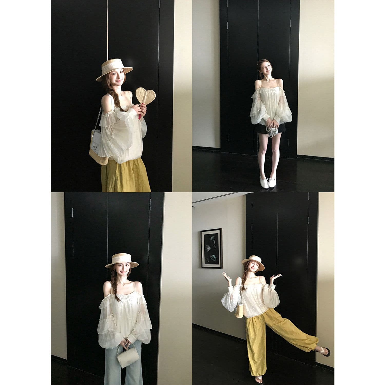프랑스식 녹색 프릴 오프숄더 여성 셔츠 여름 고급 센스 루즈핏 슬림해 보이는 오프숄더 슬립 쉬폰 톱 이미지 3