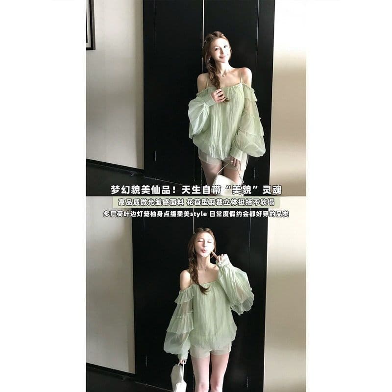 프랑스식 녹색 프릴 오프숄더 여성 셔츠 여름 고급 센스 루즈핏 슬림해 보이는 오프숄더 슬립 쉬폰 톱
