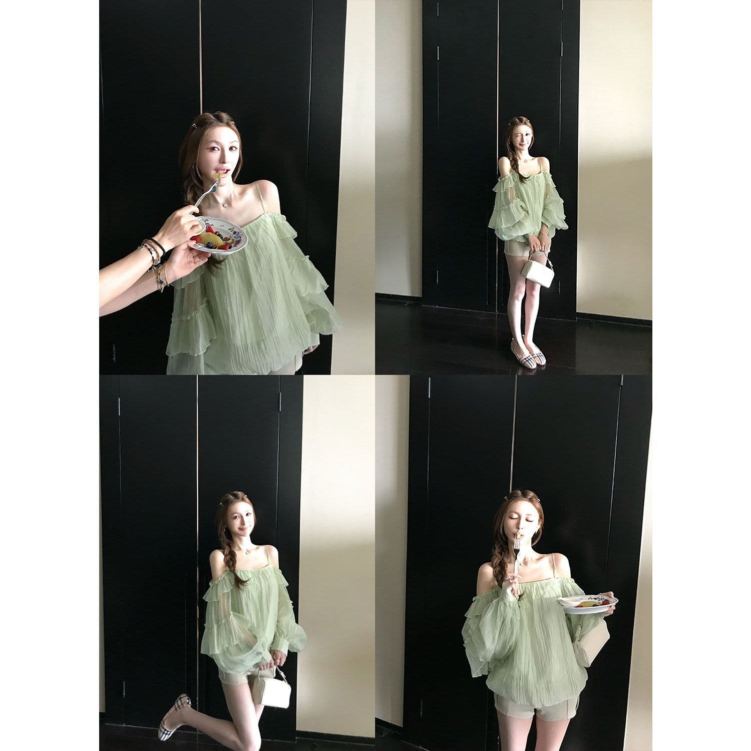 프랑스식 녹색 프릴 오프숄더 여성 셔츠 여름 고급 센스 루즈핏 슬림해 보이는 오프숄더 슬립 쉬폰 톱 이미지 4