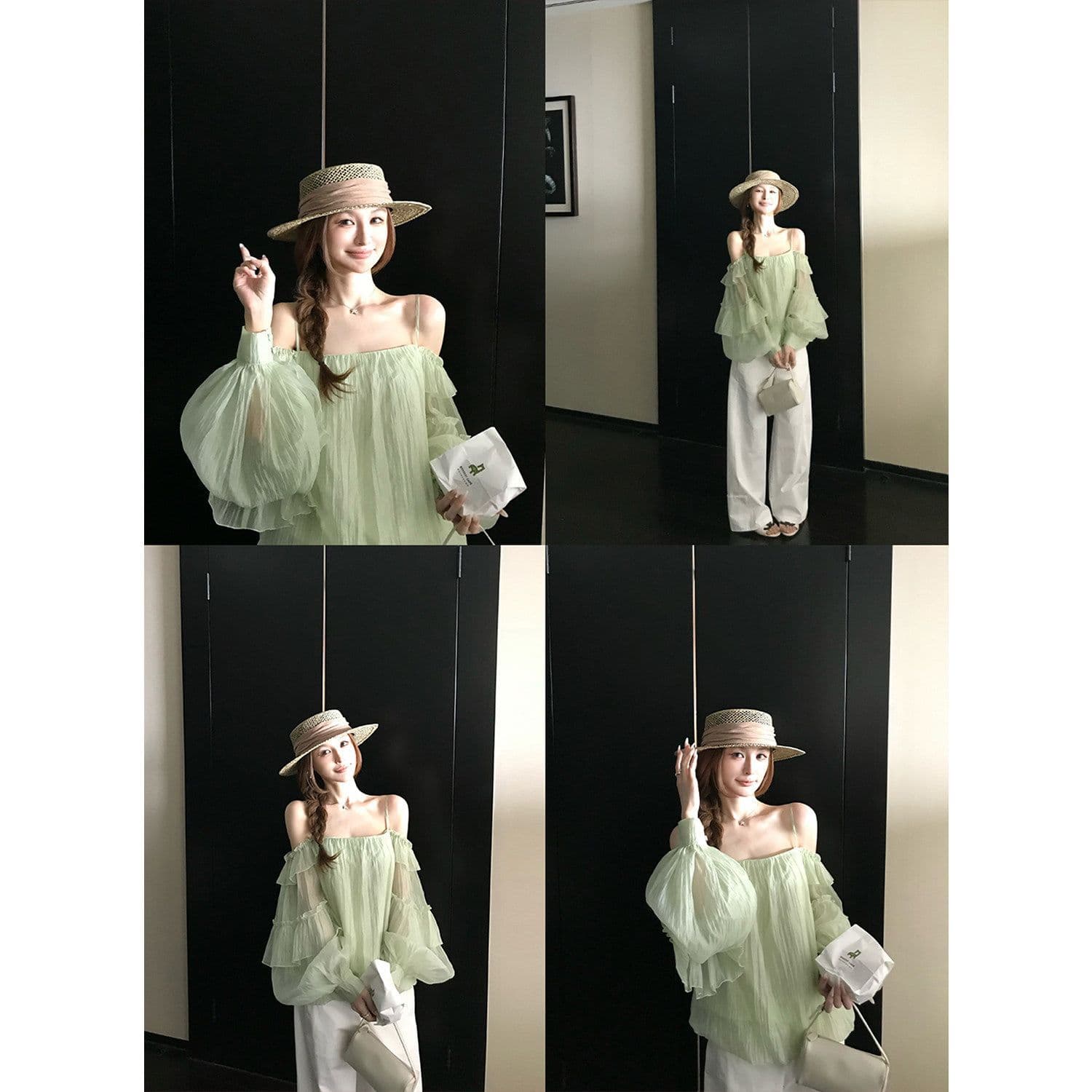 프랑스식 녹색 프릴 오프숄더 여성 셔츠 여름 고급 센스 루즈핏 슬림해 보이는 오프숄더 슬립 쉬폰 톱 이미지 2