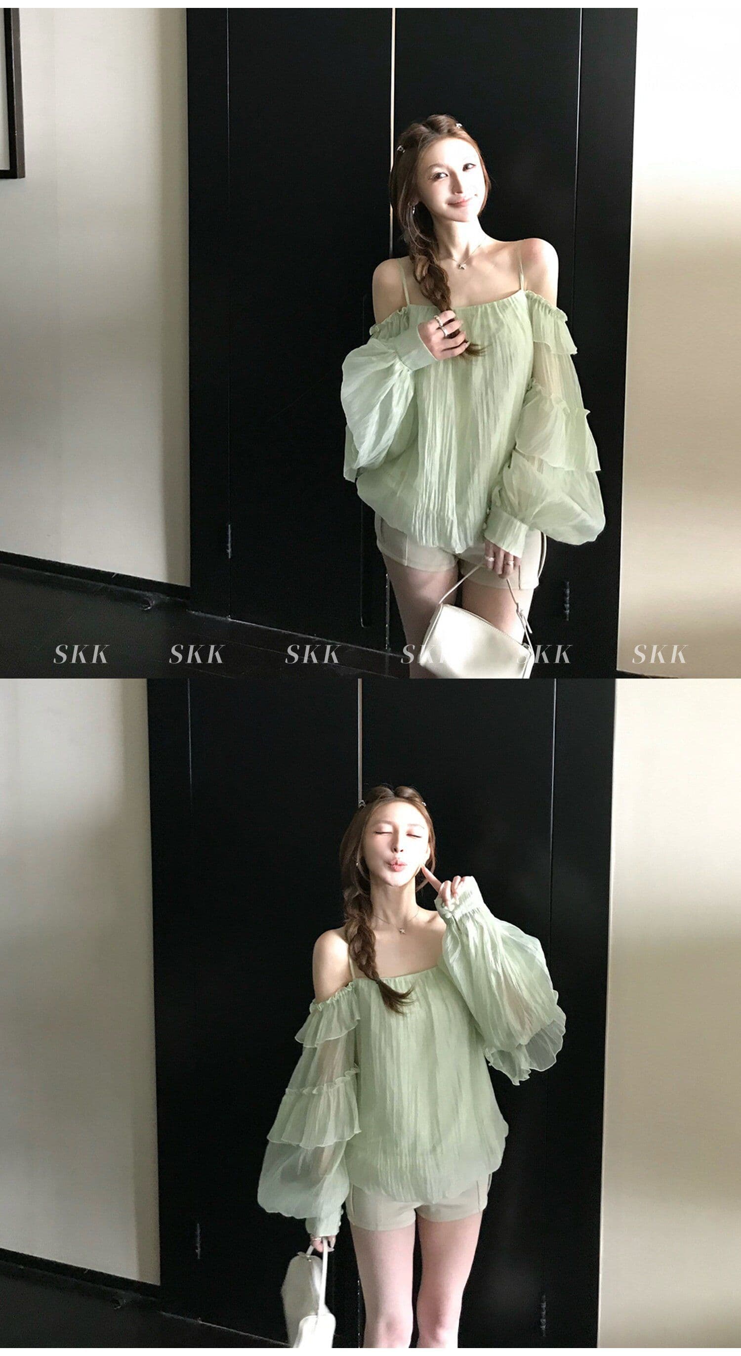 프랑스식 녹색 프릴 오프숄더 여성 셔츠 여름 고급 센스 루즈핏 슬림해 보이는 오프숄더 슬립 쉬폰 톱 상세 이미지 2