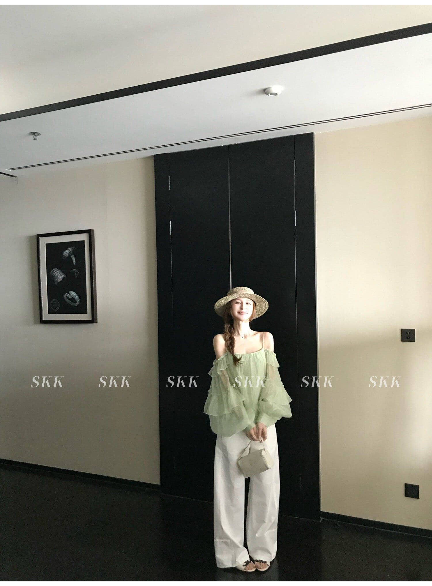 프랑스식 녹색 프릴 오프숄더 여성 셔츠 여름 고급 센스 루즈핏 슬림해 보이는 오프숄더 슬립 쉬폰 톱 상세 이미지 6
