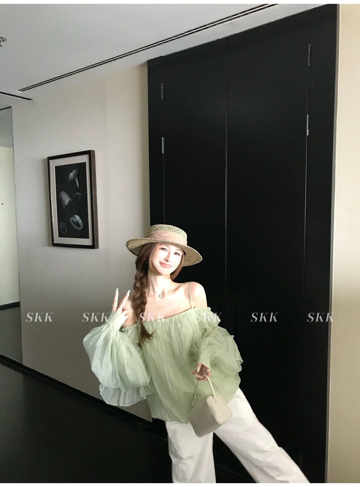 프랑스식 녹색 프릴 오프숄더 여성 셔츠 여름 고급 센스 루즈핏 슬림해 보이는 오프숄더 슬립 쉬폰 톱 상세 이미지 10