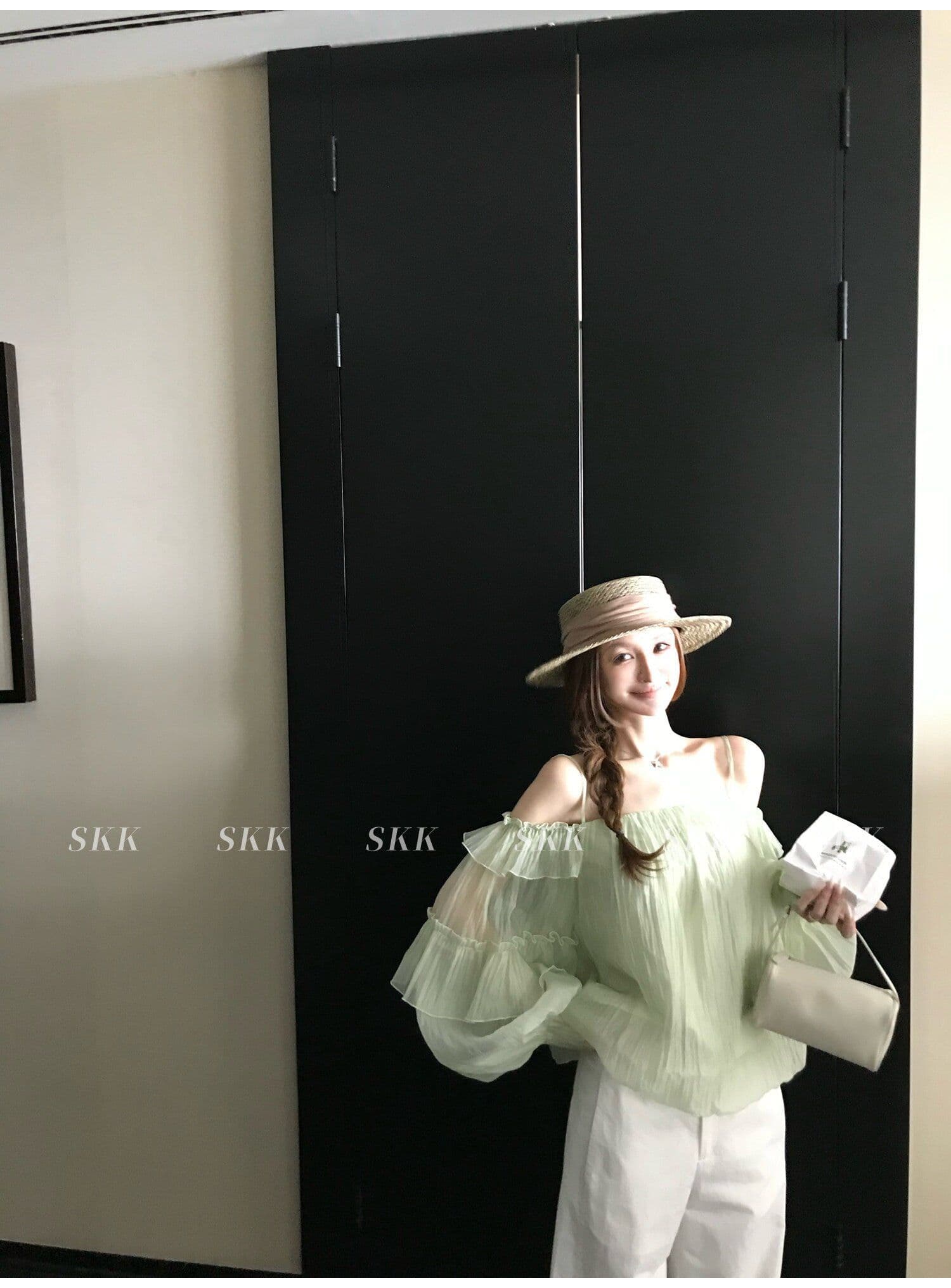 프랑스식 녹색 프릴 오프숄더 여성 셔츠 여름 고급 센스 루즈핏 슬림해 보이는 오프숄더 슬립 쉬폰 톱 상세 이미지 14