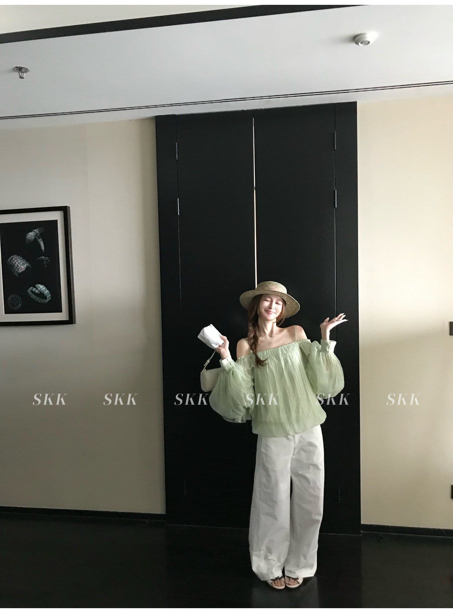 프랑스식 녹색 프릴 오프숄더 여성 셔츠 여름 고급 센스 루즈핏 슬림해 보이는 오프숄더 슬립 쉬폰 톱 상세 이미지 15