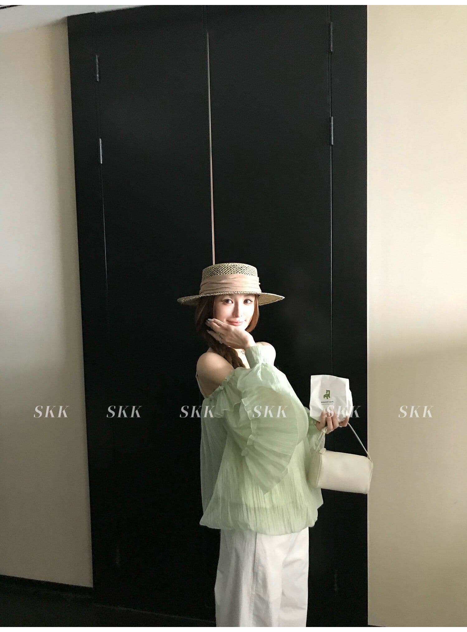 프랑스식 녹색 프릴 오프숄더 여성 셔츠 여름 고급 센스 루즈핏 슬림해 보이는 오프숄더 슬립 쉬폰 톱 상세 이미지 16