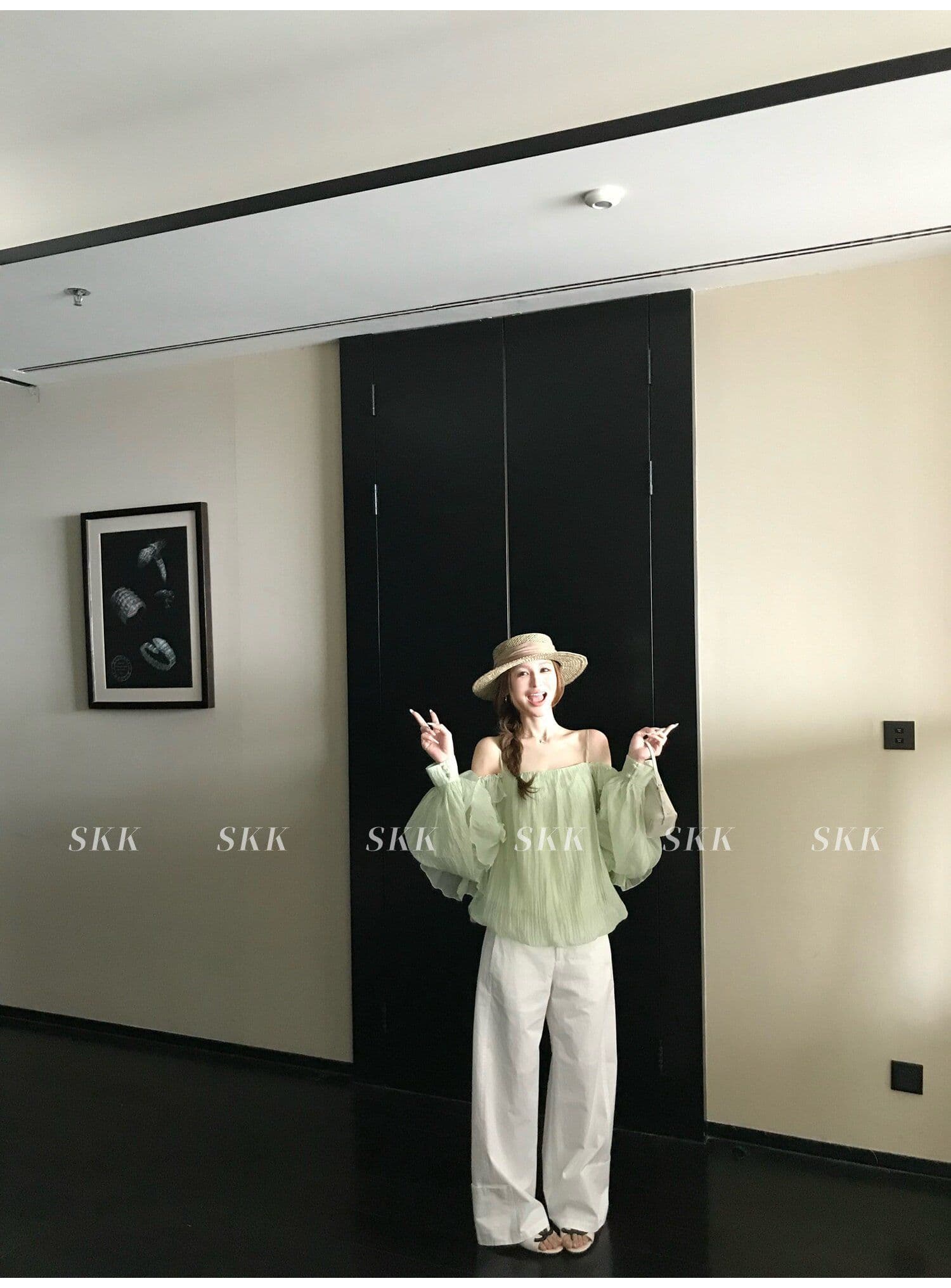 프랑스식 녹색 프릴 오프숄더 여성 셔츠 여름 고급 센스 루즈핏 슬림해 보이는 오프숄더 슬립 쉬폰 톱 상세 이미지 18