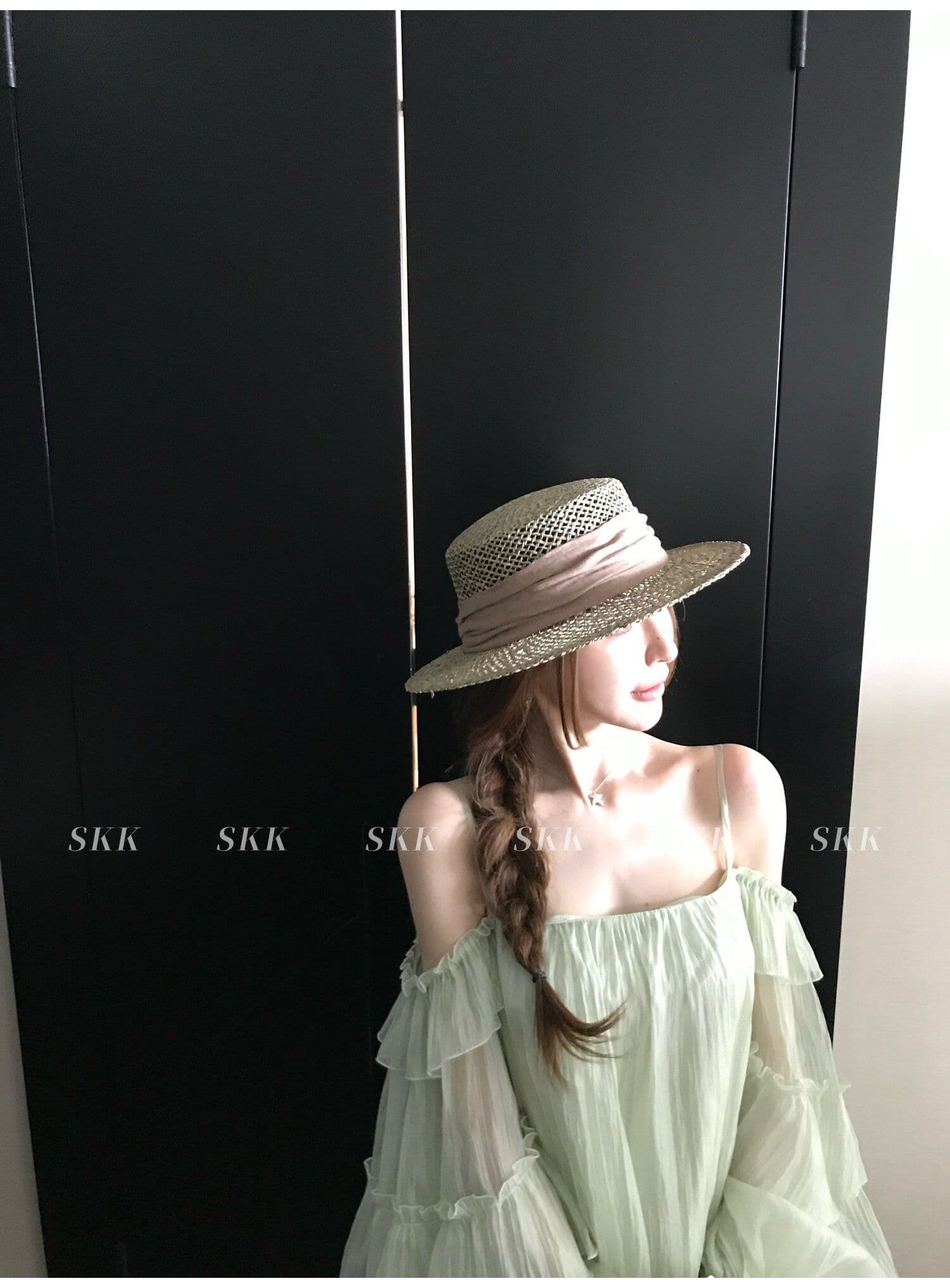 프랑스식 녹색 프릴 오프숄더 여성 셔츠 여름 고급 센스 루즈핏 슬림해 보이는 오프숄더 슬립 쉬폰 톱 상세 이미지 19