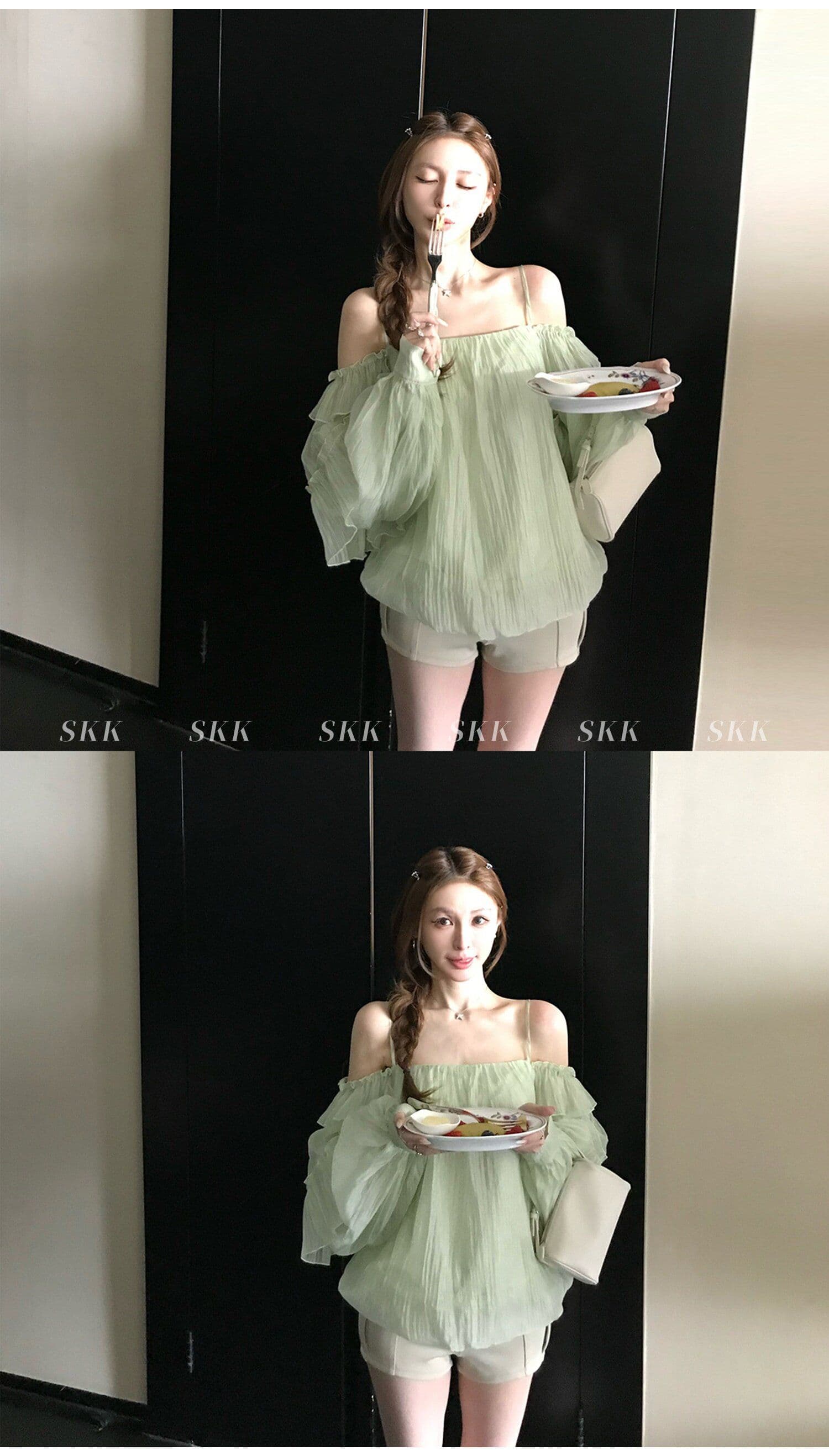 프랑스식 녹색 프릴 오프숄더 여성 셔츠 여름 고급 센스 루즈핏 슬림해 보이는 오프숄더 슬립 쉬폰 톱 상세 이미지 21