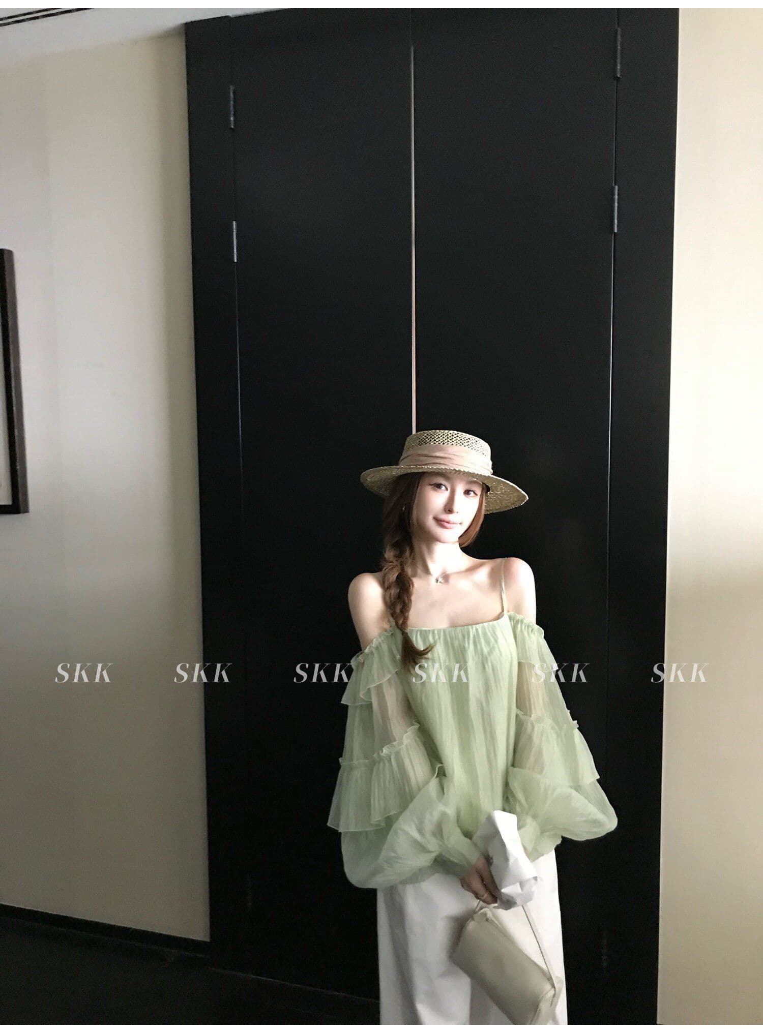 프랑스식 녹색 프릴 오프숄더 여성 셔츠 여름 고급 센스 루즈핏 슬림해 보이는 오프숄더 슬립 쉬폰 톱 상세 이미지 23