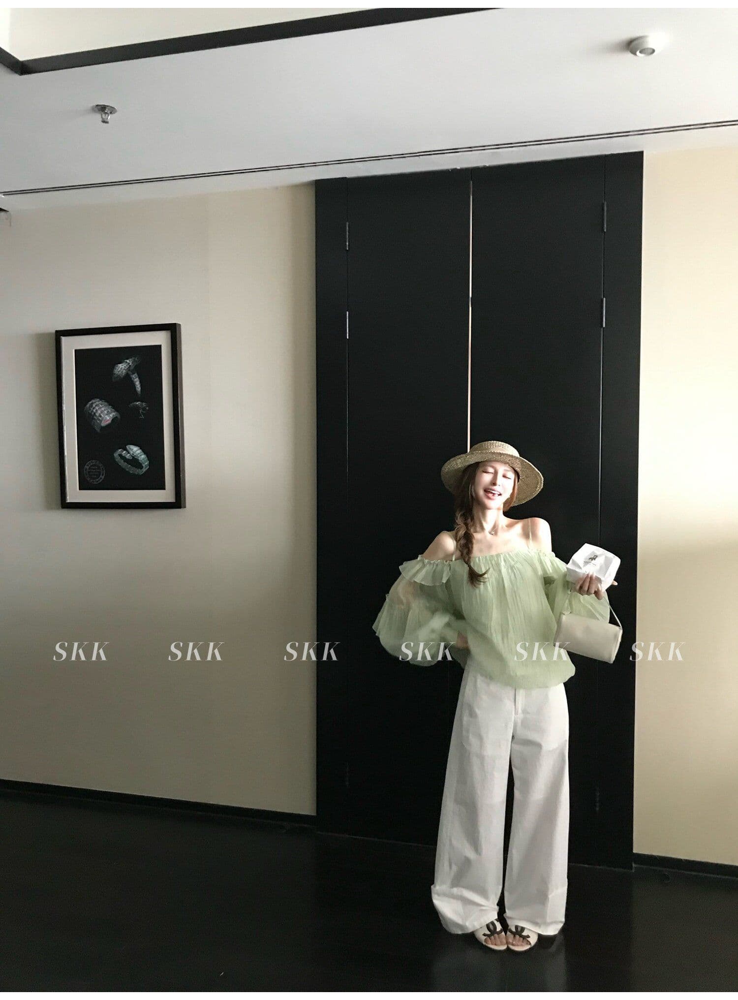 프랑스식 녹색 프릴 오프숄더 여성 셔츠 여름 고급 센스 루즈핏 슬림해 보이는 오프숄더 슬립 쉬폰 톱 상세 이미지 24