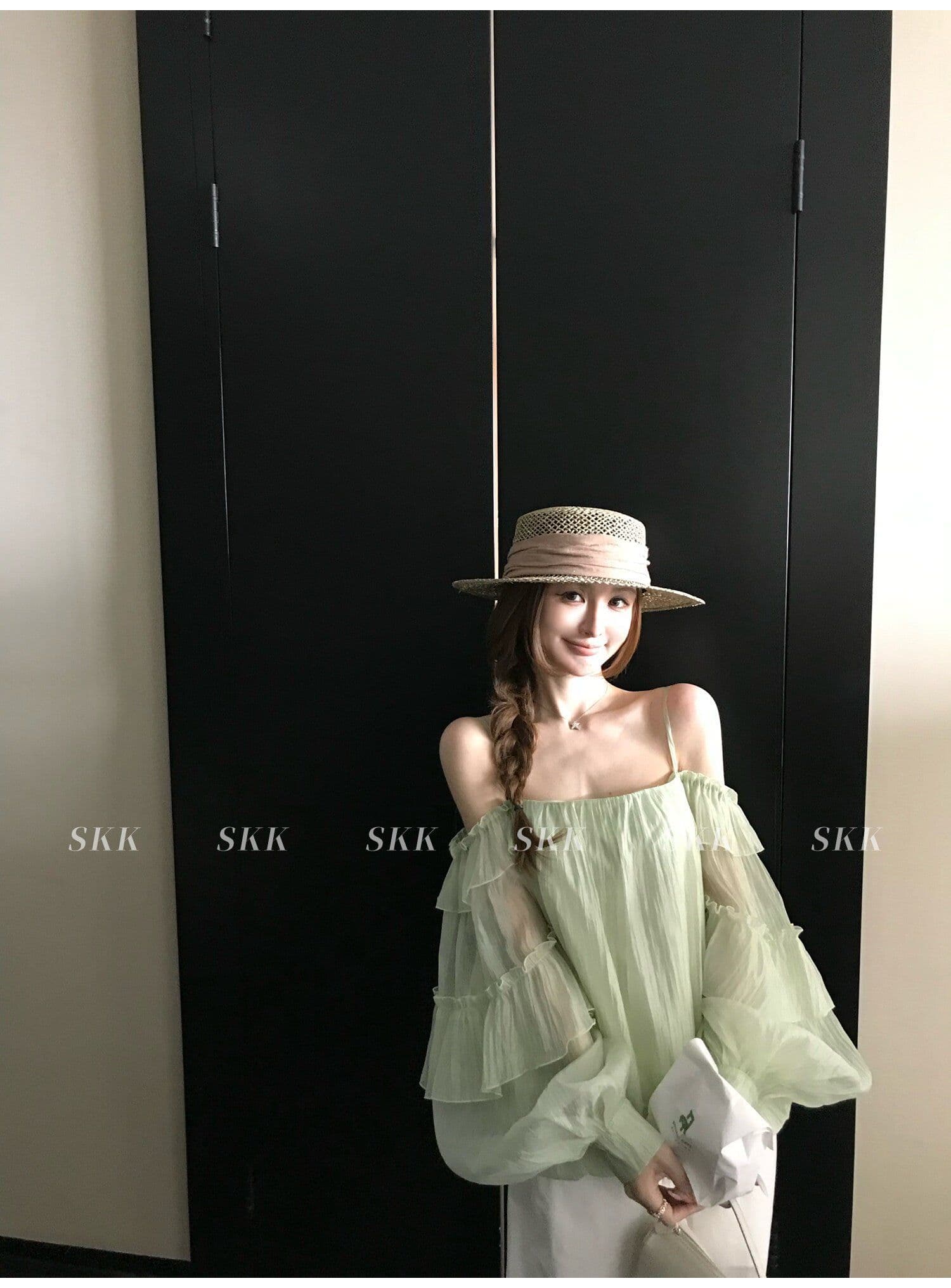 프랑스식 녹색 프릴 오프숄더 여성 셔츠 여름 고급 센스 루즈핏 슬림해 보이는 오프숄더 슬립 쉬폰 톱 상세 이미지 25