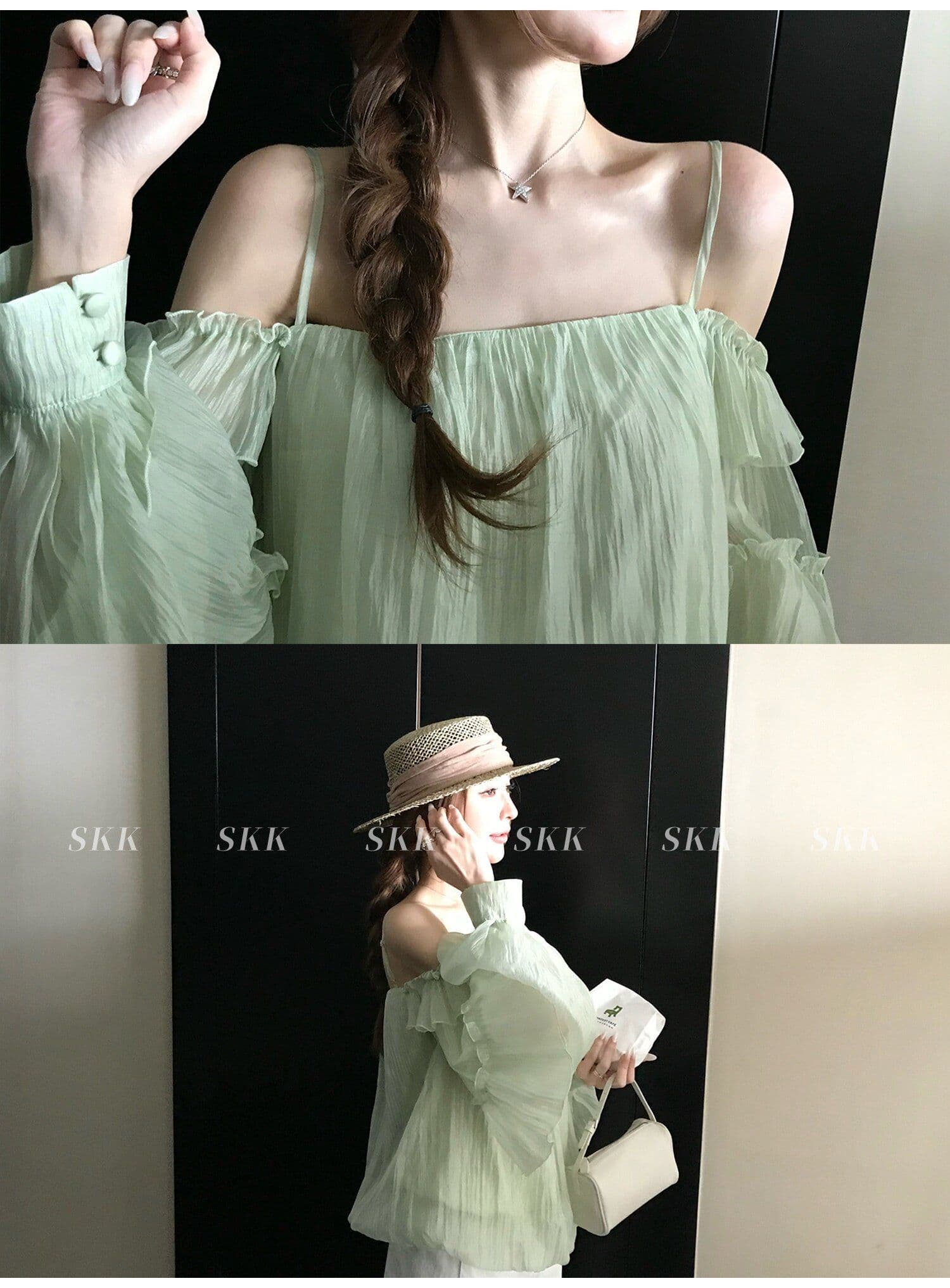프랑스식 녹색 프릴 오프숄더 여성 셔츠 여름 고급 센스 루즈핏 슬림해 보이는 오프숄더 슬립 쉬폰 톱 상세 이미지 28