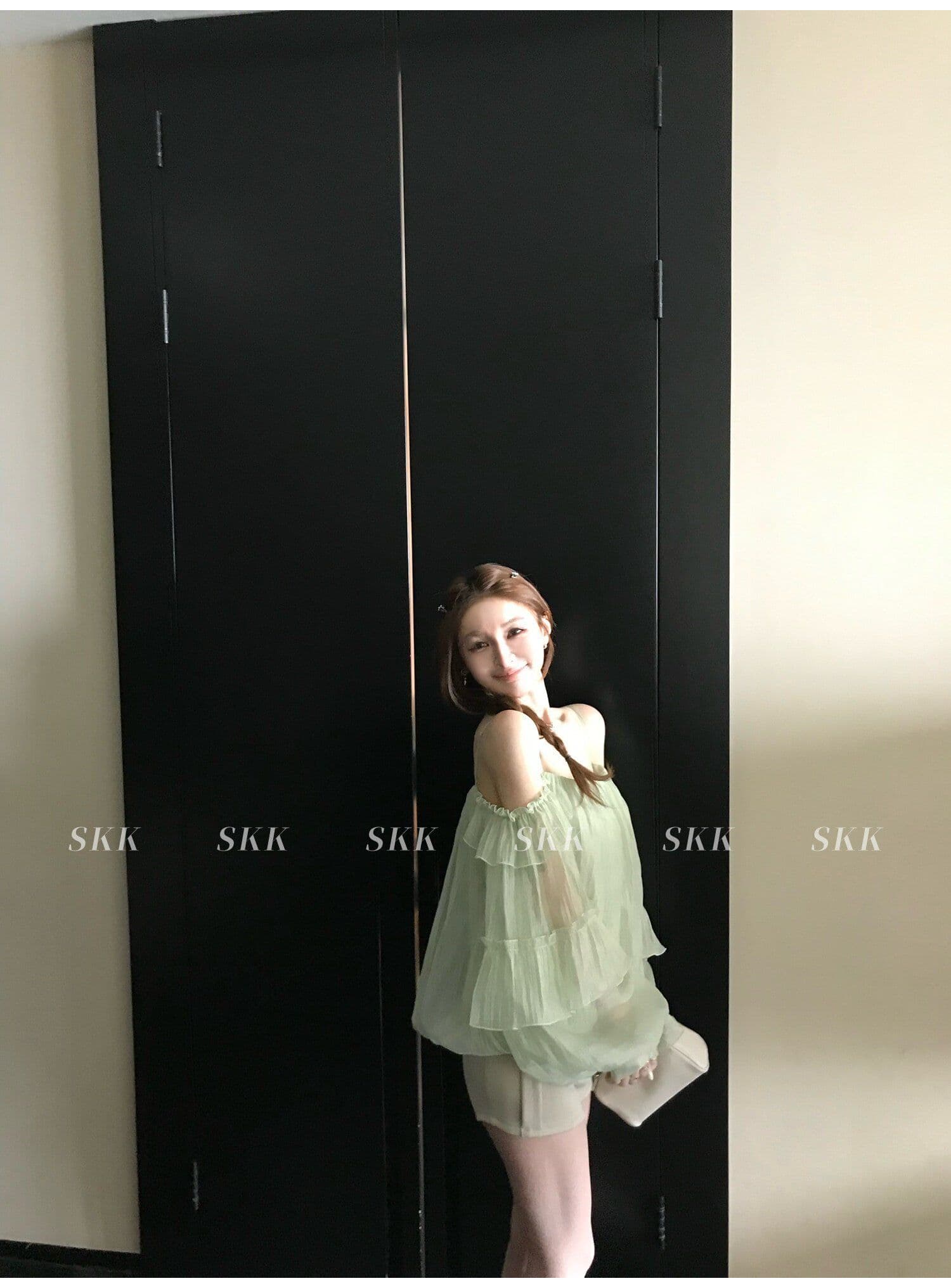 프랑스식 녹색 프릴 오프숄더 여성 셔츠 여름 고급 센스 루즈핏 슬림해 보이는 오프숄더 슬립 쉬폰 톱 상세 이미지 33