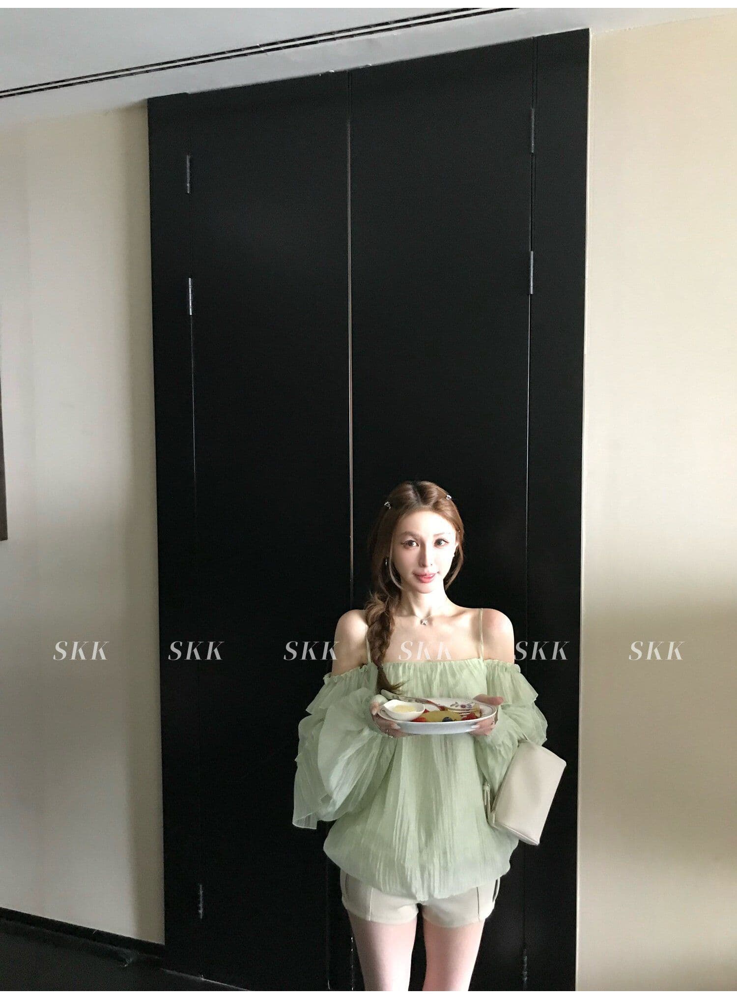 프랑스식 녹색 프릴 오프숄더 여성 셔츠 여름 고급 센스 루즈핏 슬림해 보이는 오프숄더 슬립 쉬폰 톱 상세 이미지 34