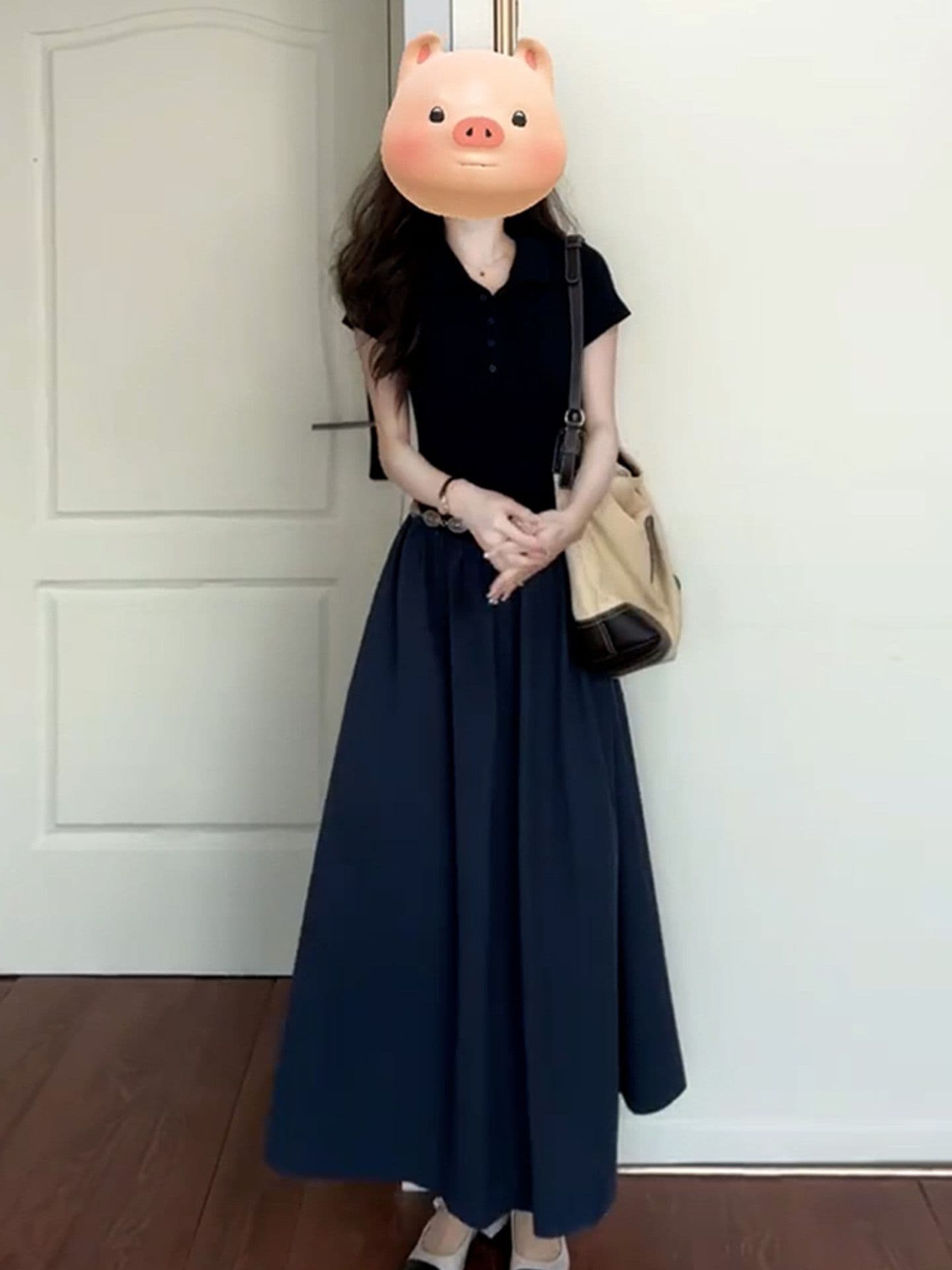 그는 벤 바람 POLO 칼라 여성 드레스 2026 년 여름 허리 수축 슬림해 보이는 품격 고급 품격 다용도 한 마디 롱 스커트 이미지 3
