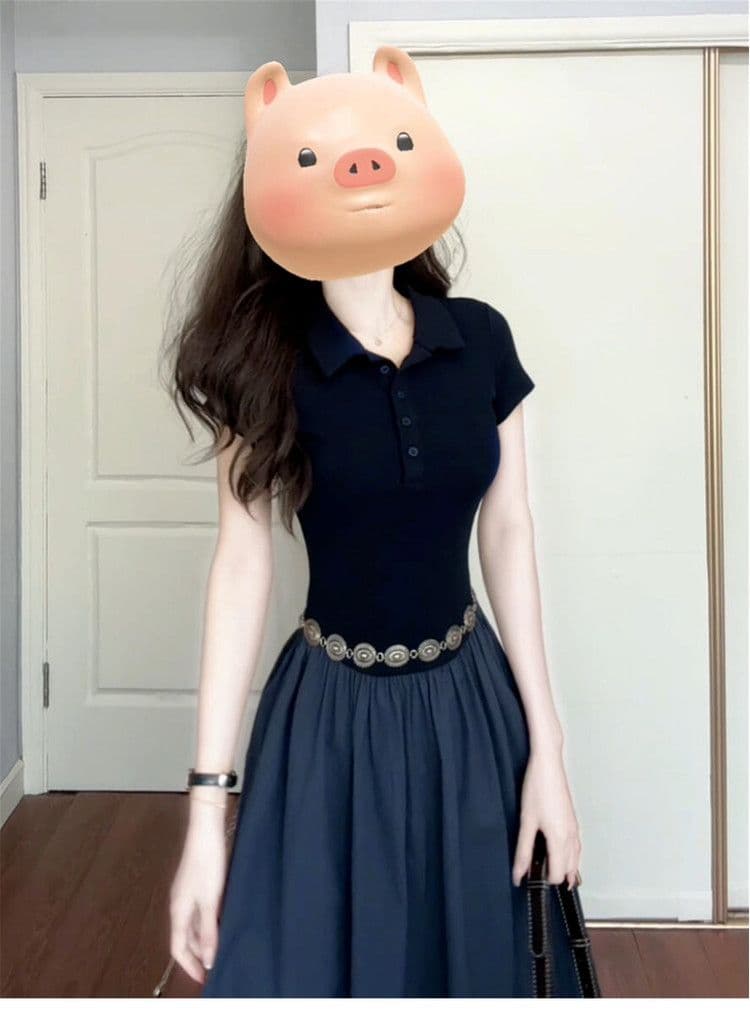 그는 벤 바람 POLO 칼라 여성 드레스 2026 년 여름 허리 수축 슬림해 보이는 품격 고급 품격 다용도 한 마디 롱 스커트 상세 이미지 3