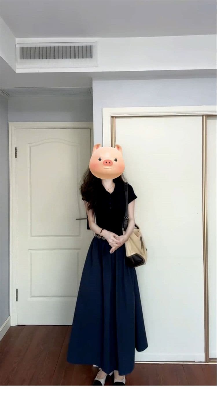 그는 벤 바람 POLO 칼라 여성 드레스 2026 년 여름 허리 수축 슬림해 보이는 품격 고급 품격 다용도 한 마디 롱 스커트 상세 이미지 5
