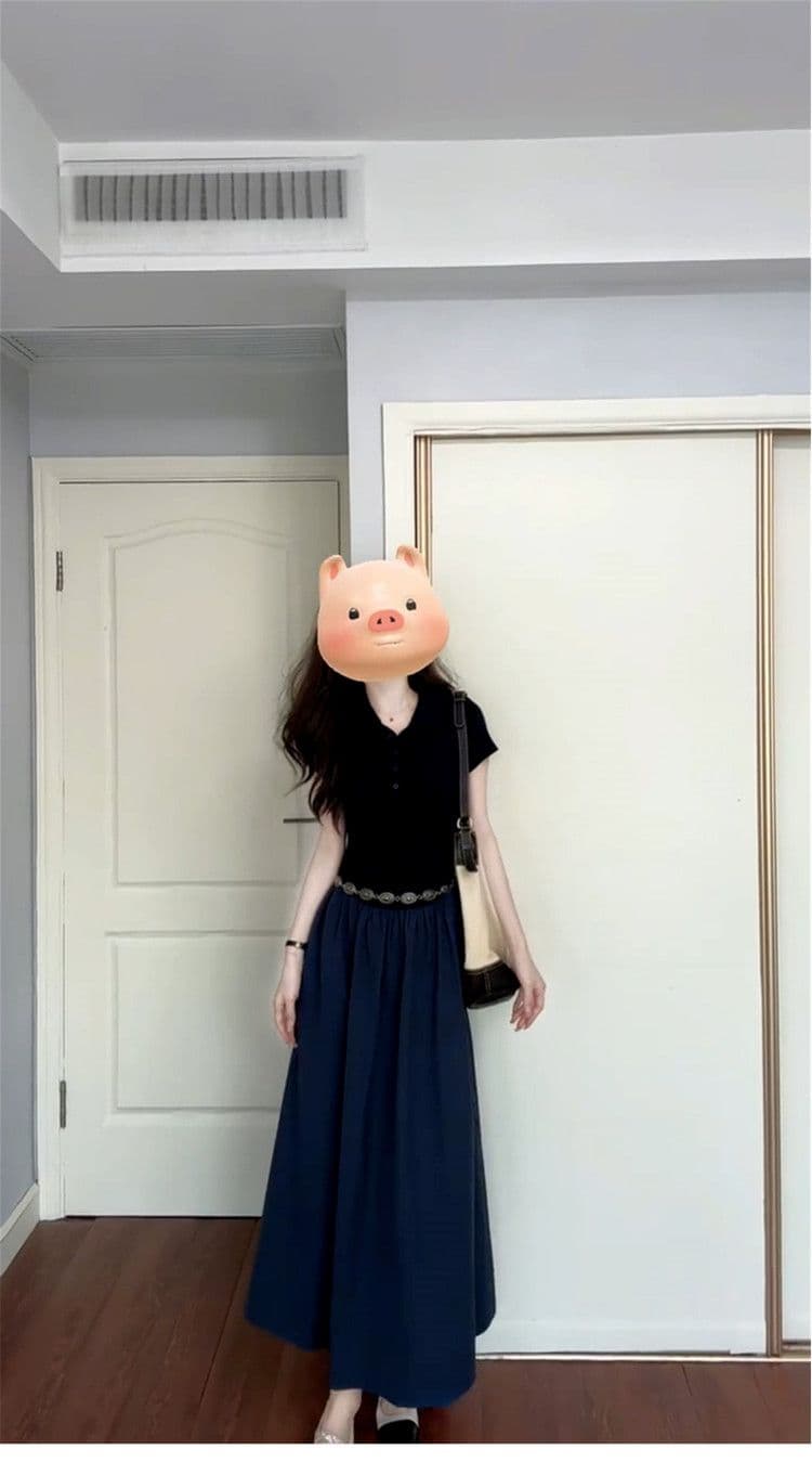 그는 벤 바람 POLO 칼라 여성 드레스 2026 년 여름 허리 수축 슬림해 보이는 품격 고급 품격 다용도 한 마디 롱 스커트 상세 이미지 6