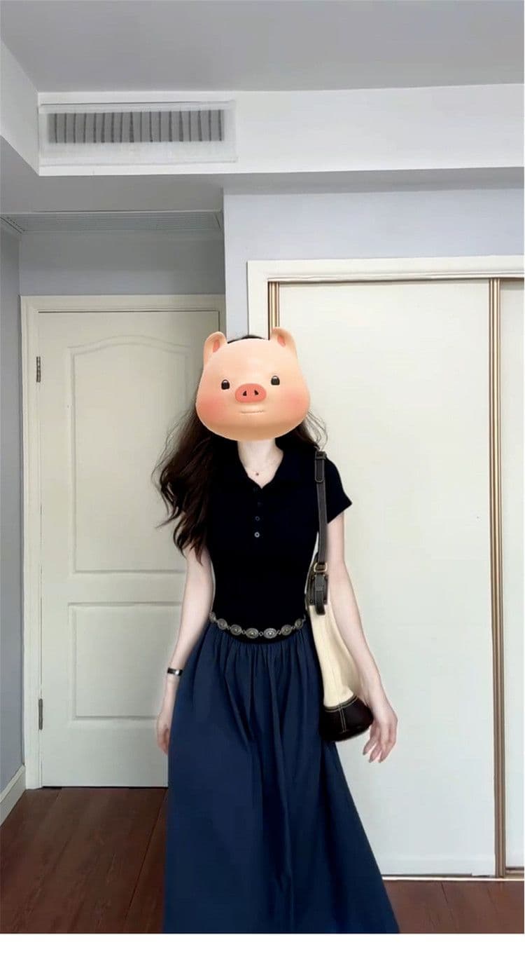 그는 벤 바람 POLO 칼라 여성 드레스 2026 년 여름 허리 수축 슬림해 보이는 품격 고급 품격 다용도 한 마디 롱 스커트 상세 이미지 7