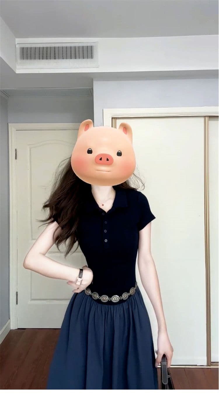 그는 벤 바람 POLO 칼라 여성 드레스 2026 년 여름 허리 수축 슬림해 보이는 품격 고급 품격 다용도 한 마디 롱 스커트 상세 이미지 8
