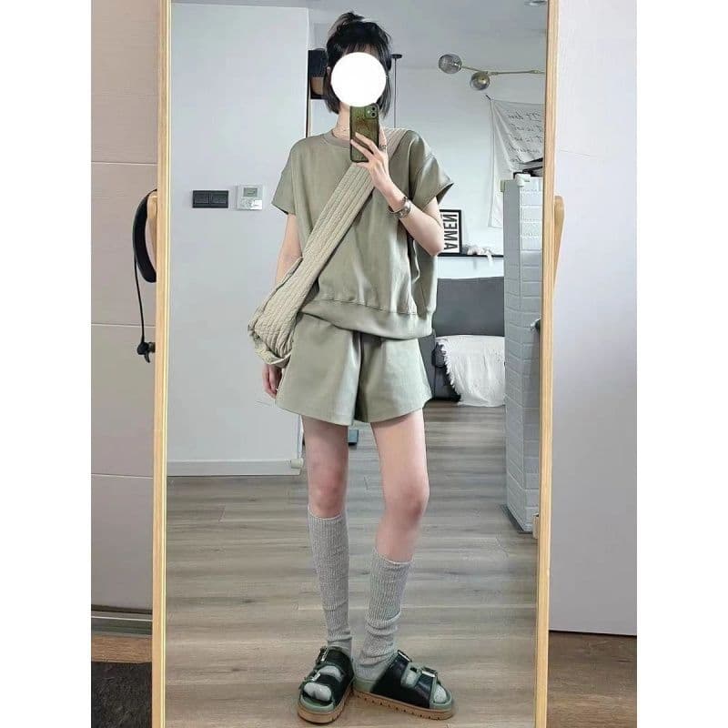 한 부서 소년 센스 캐주얼 연령 감소 운동 바람 세트 여성 여름 학생 한국 스타일 루즈핏 반팔 반바지 투피스 세트