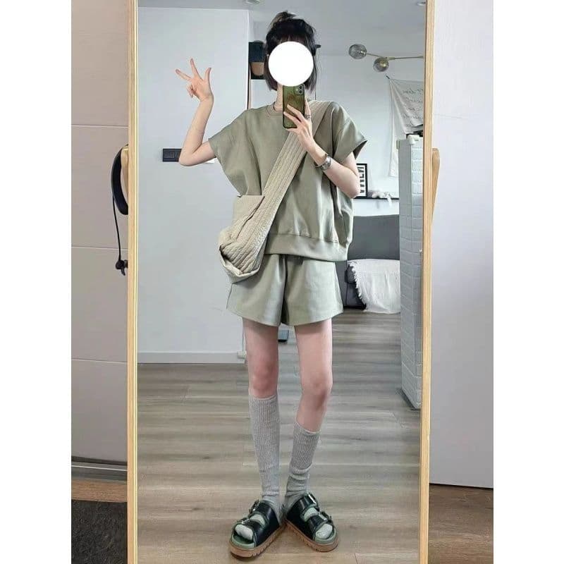 한 부서 소년 센스 캐주얼 연령 감소 운동 바람 세트 여성 여름 학생 한국 스타일 루즈핏 반팔 반바지 투피스 세트 이미지 2