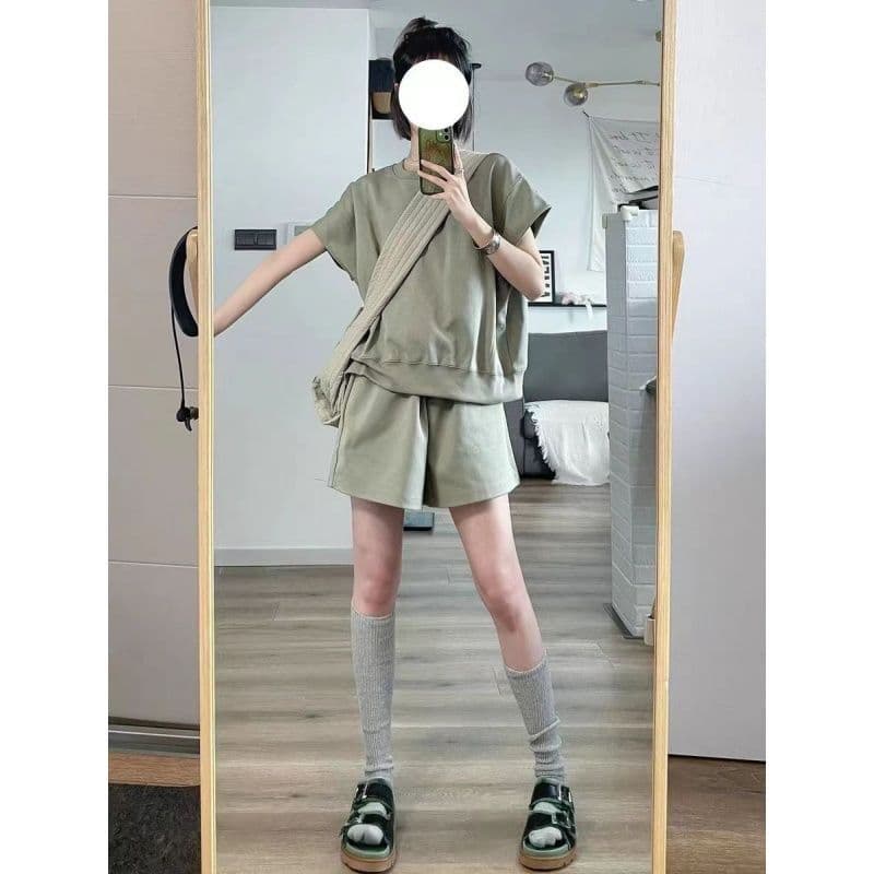 한 부서 소년 센스 캐주얼 연령 감소 운동 바람 세트 여성 여름 학생 한국 스타일 루즈핏 반팔 반바지 투피스 세트 이미지 5