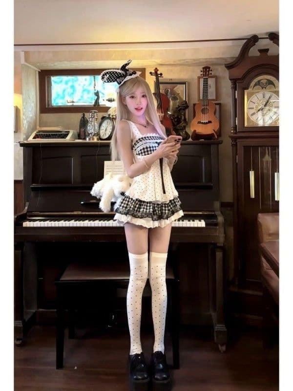 귀여운 달콤함 소녀 센스 자이언트 잘 생긴 세트 여름 레이스 나비 매듭 체크무늬 슬립 맨위 미니 스커트 투피스 세트 이미지 2