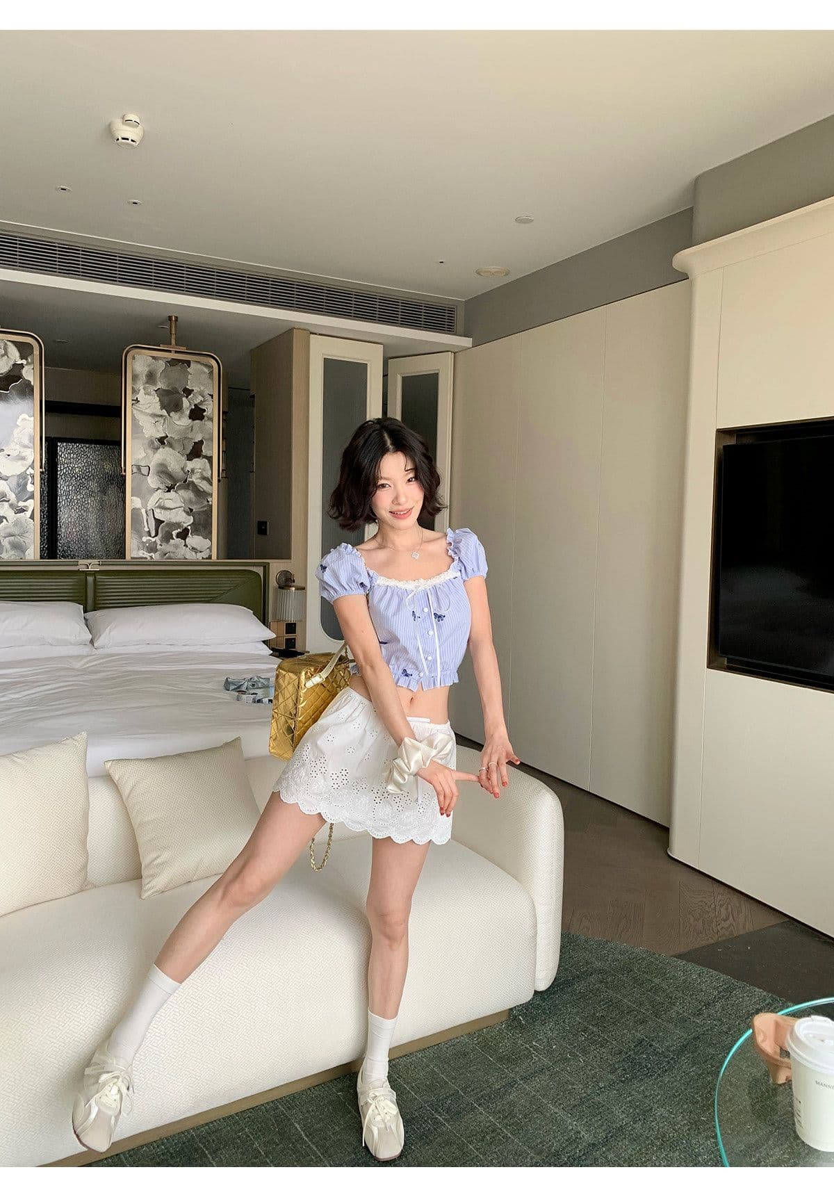 귀여운 달콤함 소녀 센스 자이언트 잘 생긴 세트 여름 레이스 나비 매듭 체크무늬 슬립 맨위 미니 스커트 투피스 세트 상세 이미지 7