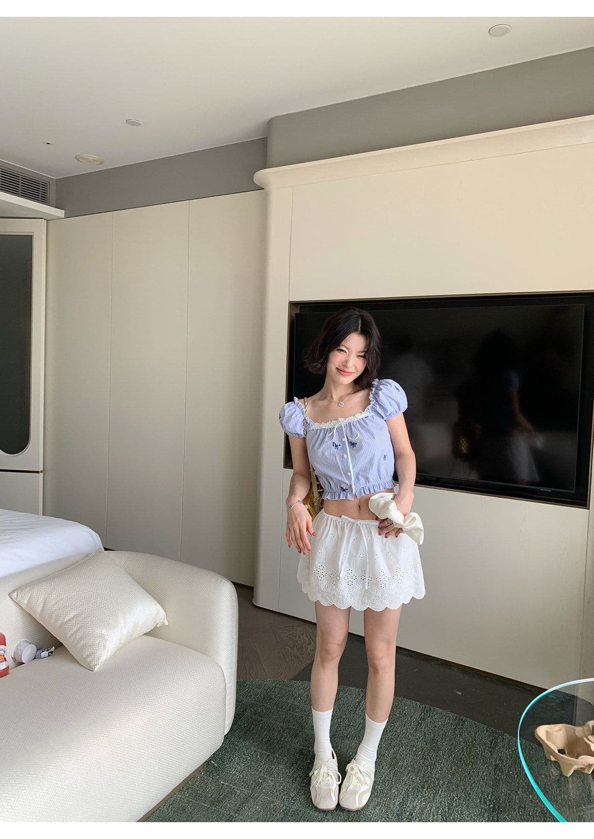 귀여운 달콤함 소녀 센스 자이언트 잘 생긴 세트 여름 레이스 나비 매듭 체크무늬 슬립 맨위 미니 스커트 투피스 세트 상세 이미지 9