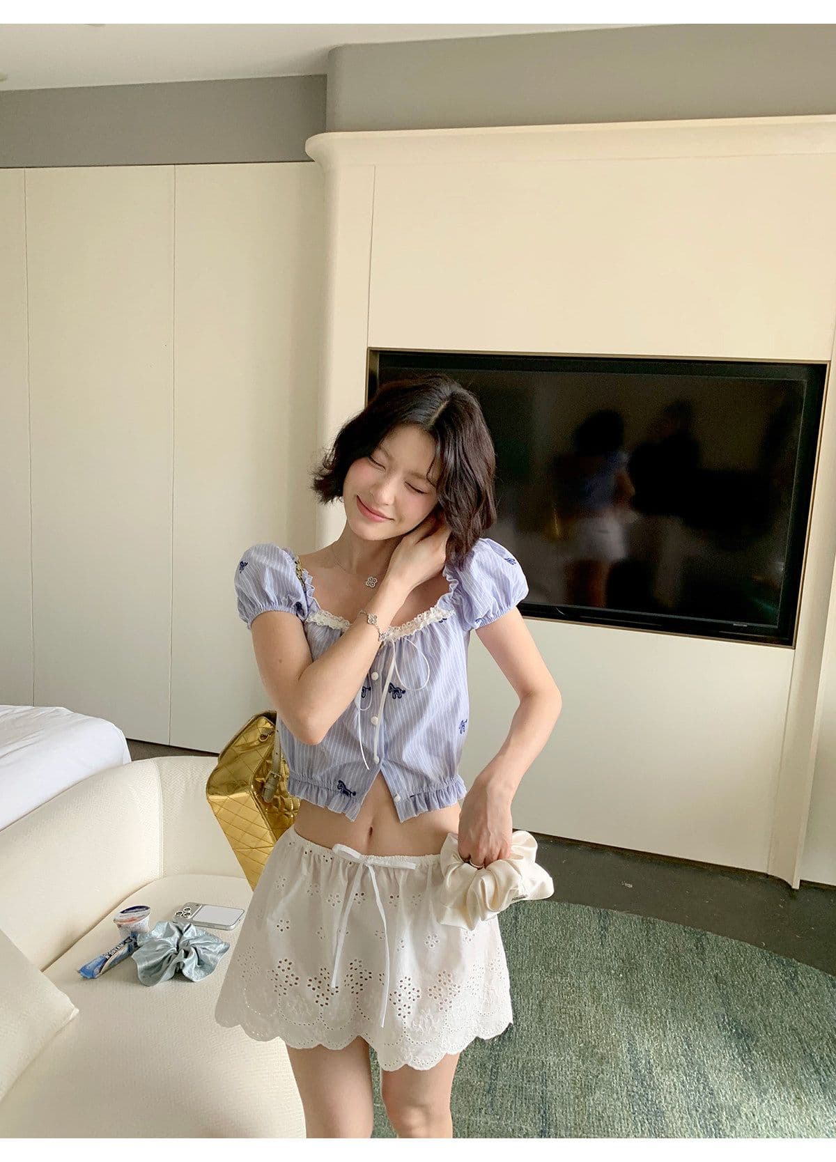 귀여운 달콤함 소녀 센스 자이언트 잘 생긴 세트 여름 레이스 나비 매듭 체크무늬 슬립 맨위 미니 스커트 투피스 세트 상세 이미지 14