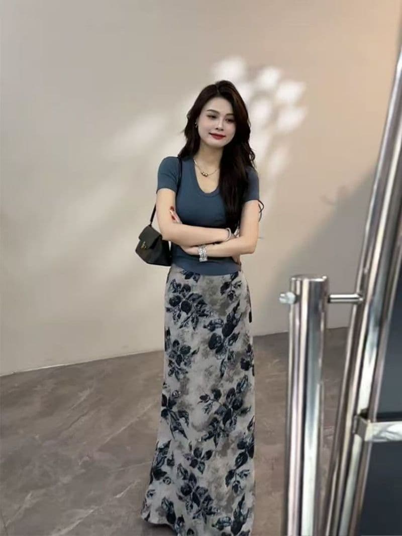 세트 패션 2026 외국 가스 여름 새로운 반팔 반신 스커트 투피스 세트 프린트 꽃무늬 품격 롱 스커트 슬림해 보이는 상세 이미지 9
