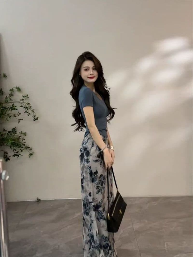 세트 패션 2026 외국 가스 여름 새로운 반팔 반신 스커트 투피스 세트 프린트 꽃무늬 품격 롱 스커트 슬림해 보이는 상세 이미지 11