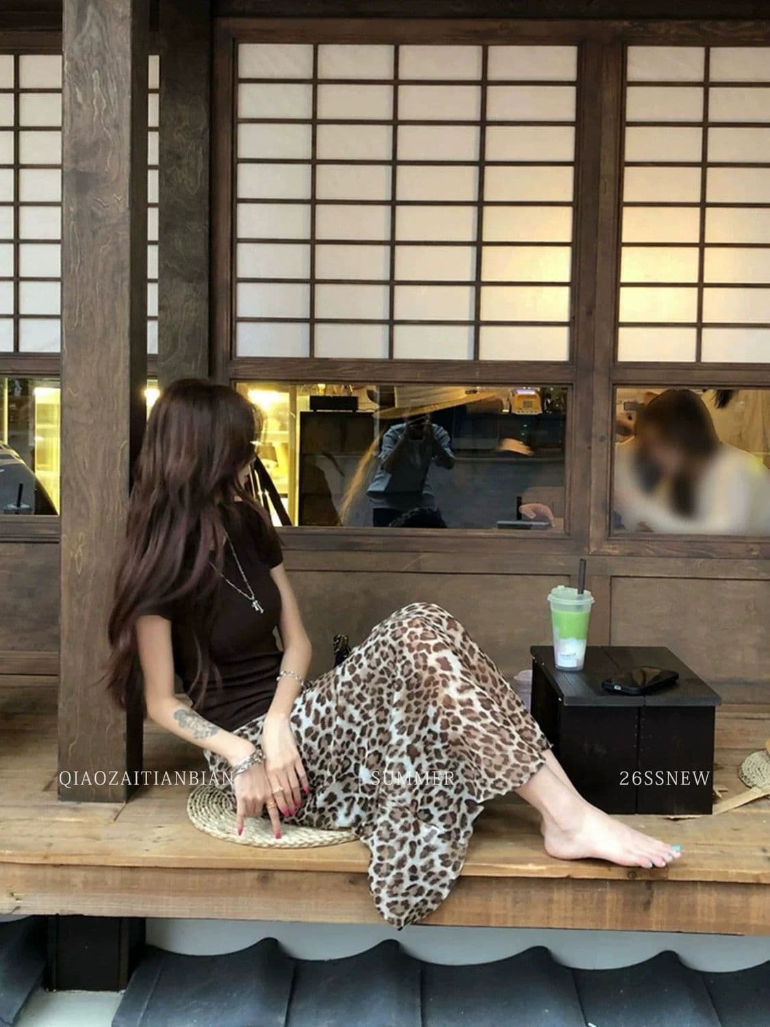 여름 한 부서 폭발 순수한 욕망 커피 색상 반팔 레오파드 무늬 다용도 하이웨이스트 롱 스커트 슬림해 보이는 패션 투피스 슈트 트렌디 상세 이미지 21